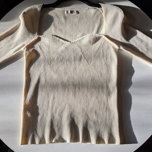 Mango Women’s Large Cream Shirt Ribbed Long Sleeve Square Sweetheart Neck Fitted